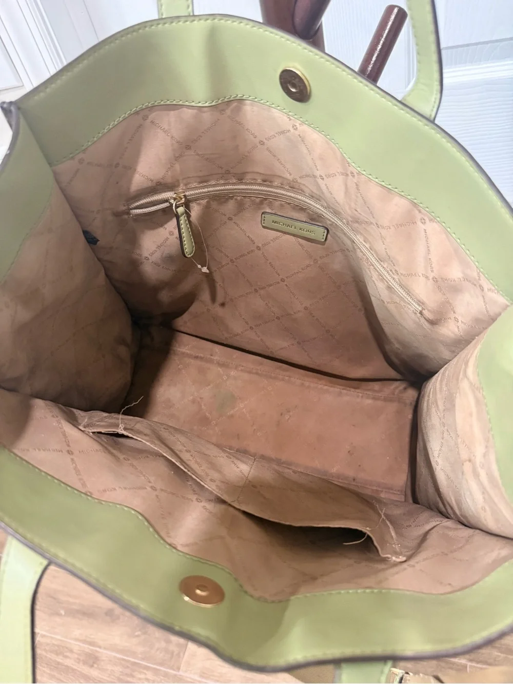 Michael Kors Brown Logo Kenly Tote Bag with Olive Trim and Beige Strap